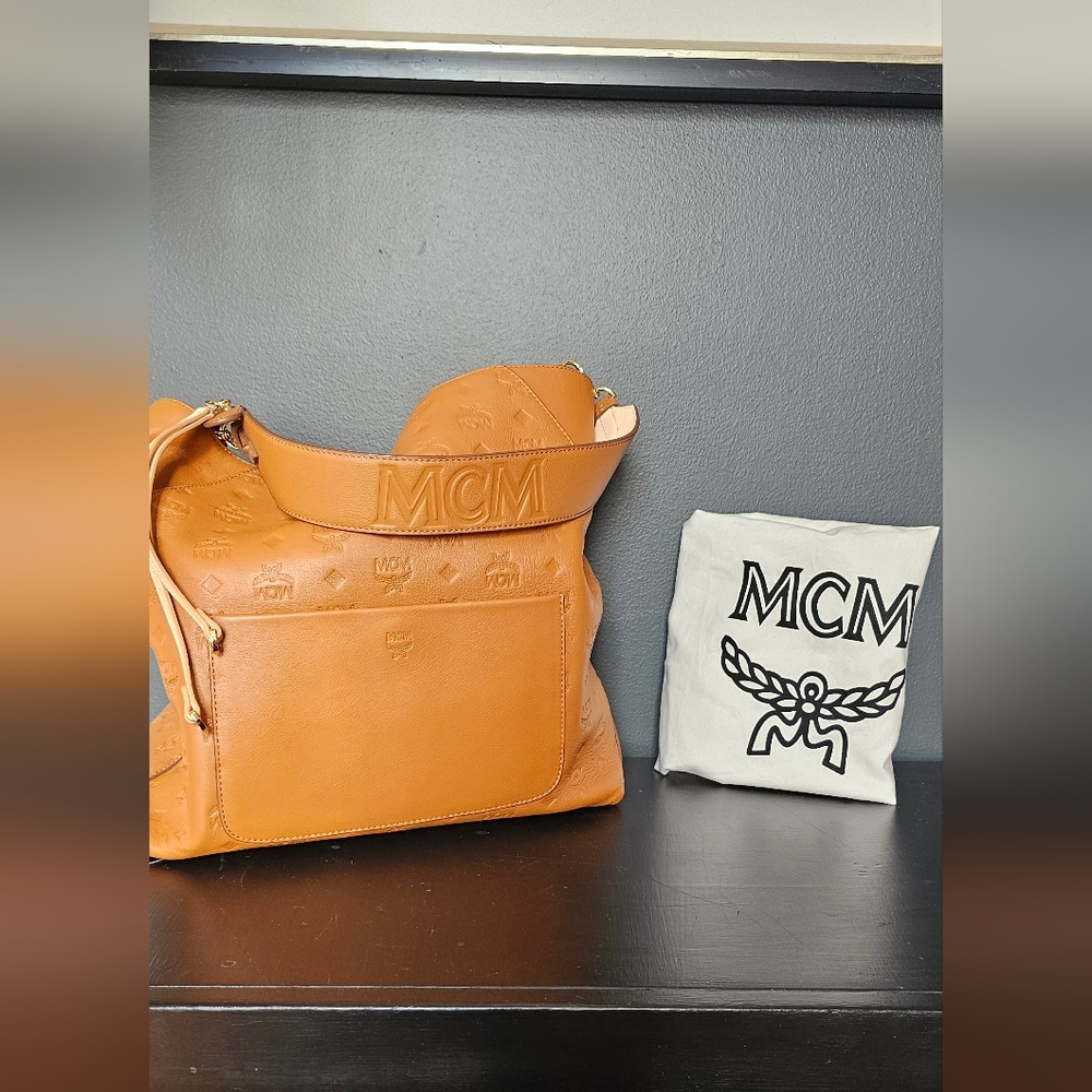 MCM  Calfskin Ottomar Monogram Klara Hobo Cognac Leather